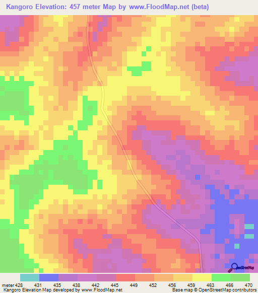 Kangoro,Central African Republic Elevation Map
