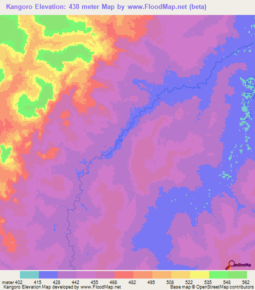 Kangoro,Central African Republic Elevation Map