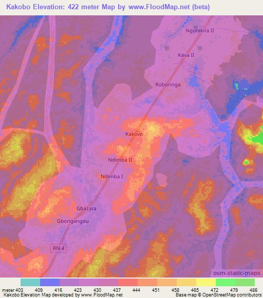 Kakobo,Central African Republic Elevation Map