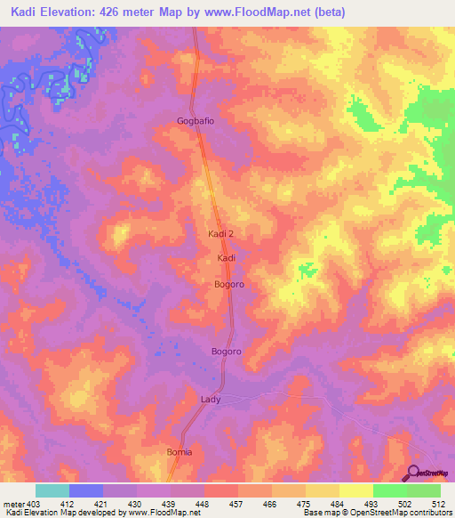 Kadi,Central African Republic Elevation Map