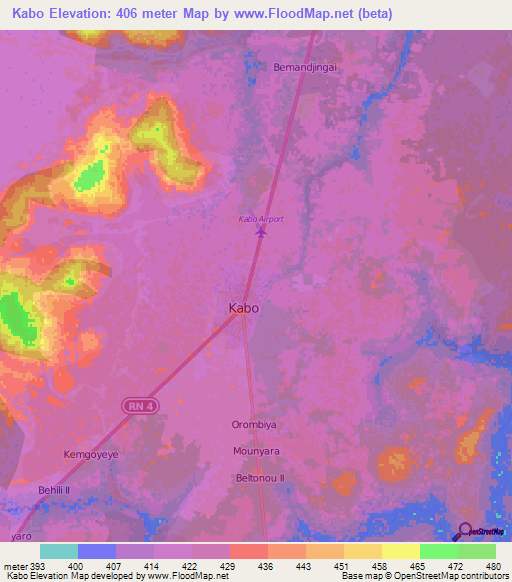 Kabo,Central African Republic Elevation Map