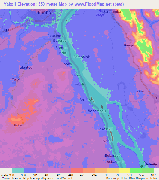 Yakoli,Central African Republic Elevation Map
