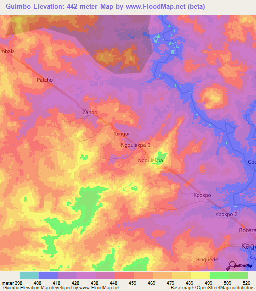 Guimbo,Central African Republic Elevation Map