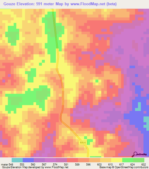 Gouze,Central African Republic Elevation Map