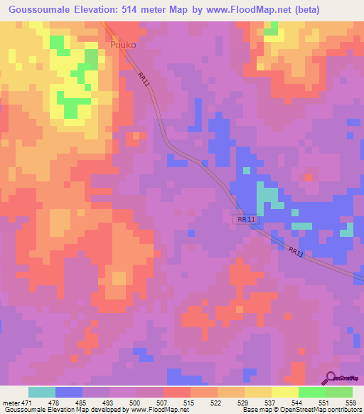 Goussoumale,Central African Republic Elevation Map