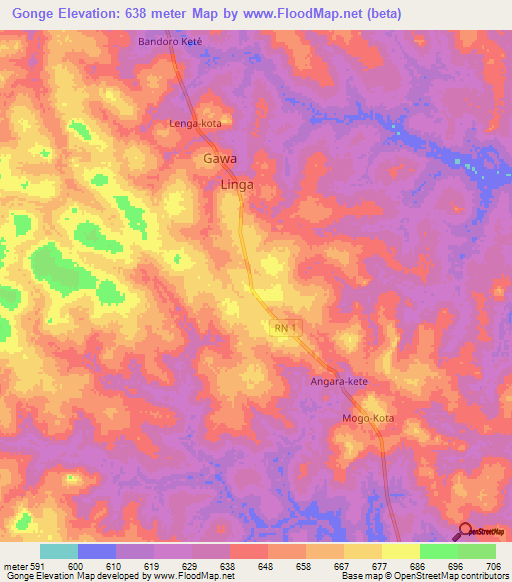 Gonge,Central African Republic Elevation Map