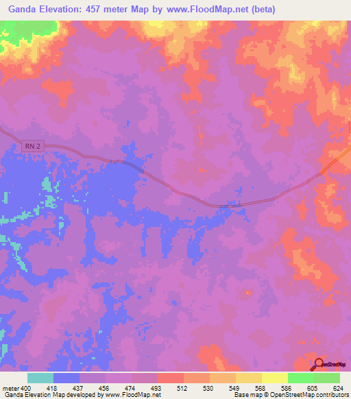Ganda,Central African Republic Elevation Map