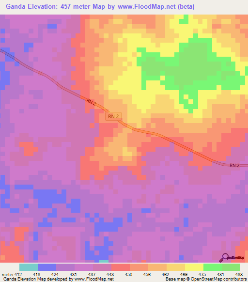 Ganda,Central African Republic Elevation Map