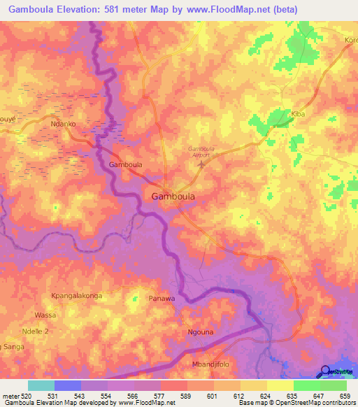 Gamboula,Central African Republic Elevation Map