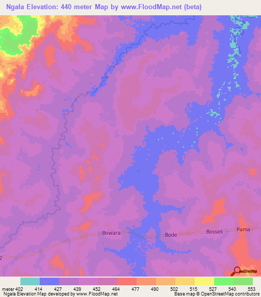 Ngala,Central African Republic Elevation Map