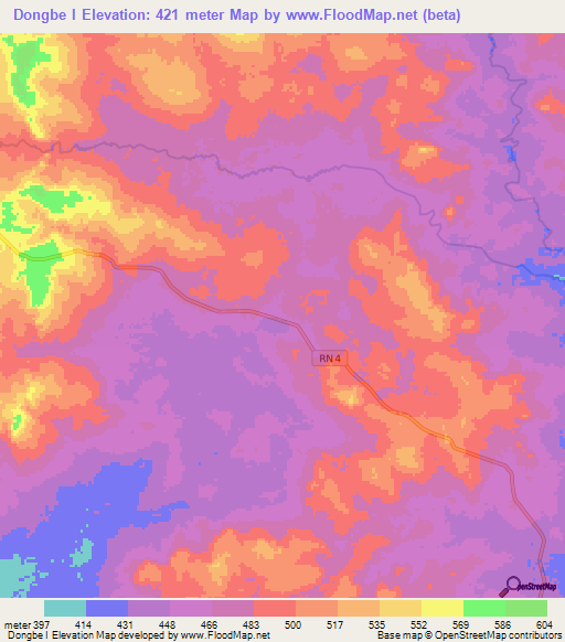 Dongbe I,Central African Republic Elevation Map