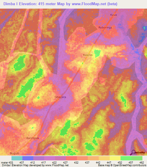 Dimba I,Central African Republic Elevation Map