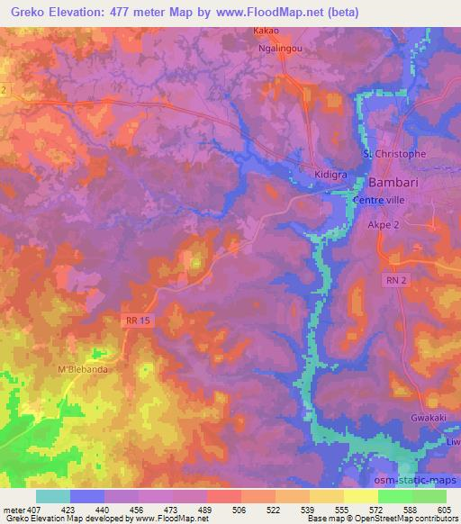 Greko,Central African Republic Elevation Map