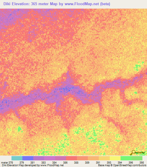 Diki,Central African Republic Elevation Map