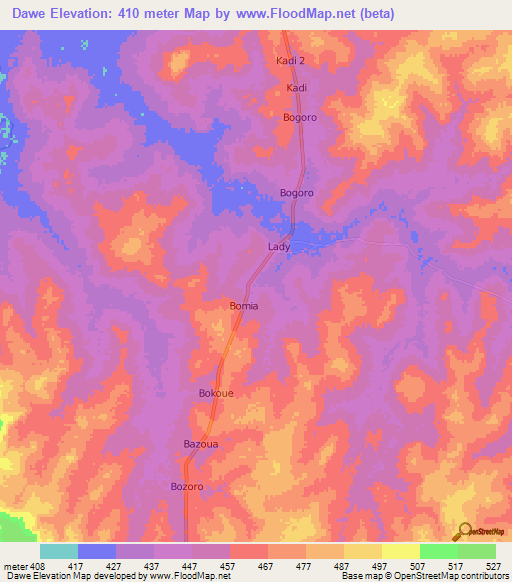Dawe,Central African Republic Elevation Map