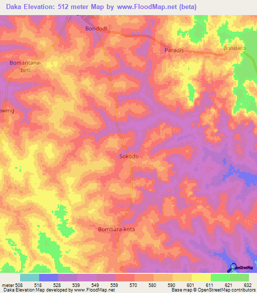 Daka,Central African Republic Elevation Map