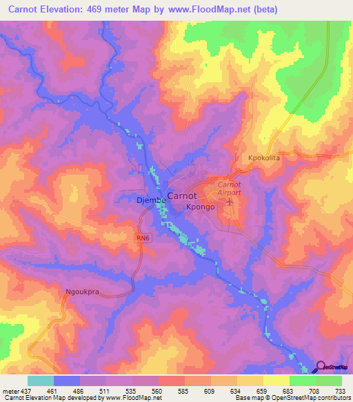 Carnot,Central African Republic Elevation Map