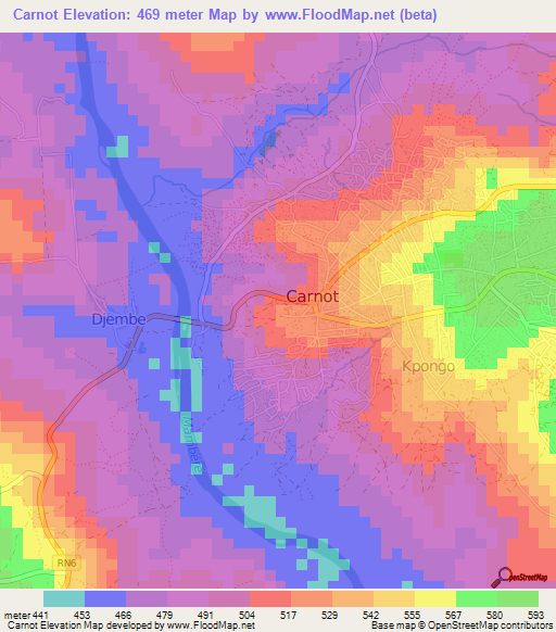 Carnot,Central African Republic Elevation Map