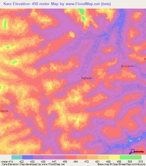 Kare,Central African Republic Elevation Map