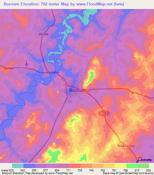 Bozoum,Central African Republic Elevation Map