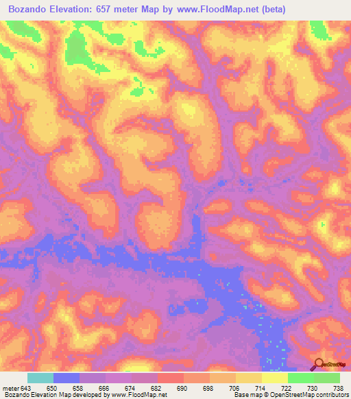 Bozando,Central African Republic Elevation Map