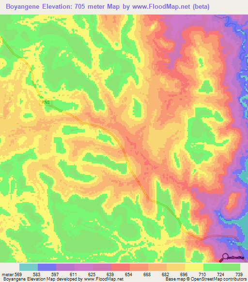Boyangene,Central African Republic Elevation Map