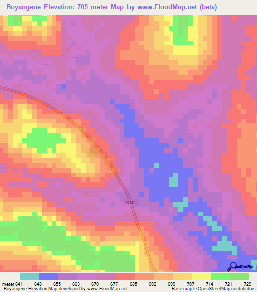 Boyangene,Central African Republic Elevation Map