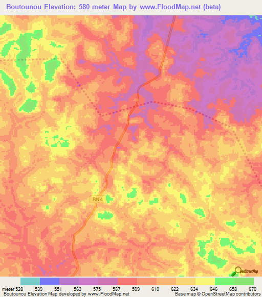 Boutounou,Central African Republic Elevation Map