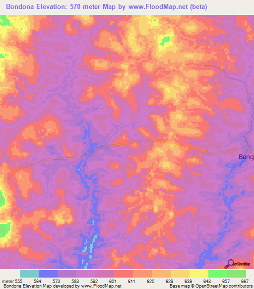 Bondona,Central African Republic Elevation Map
