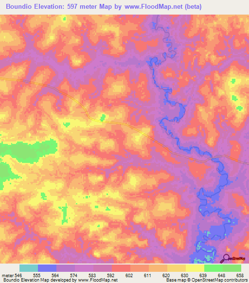Boundio,Central African Republic Elevation Map