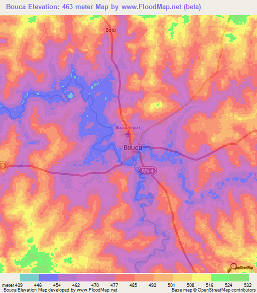 Bouca,Central African Republic Elevation Map