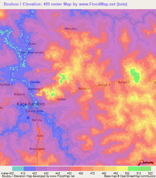 Boubou I,Central African Republic Elevation Map