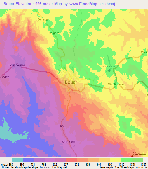 Bouar,Central African Republic Elevation Map