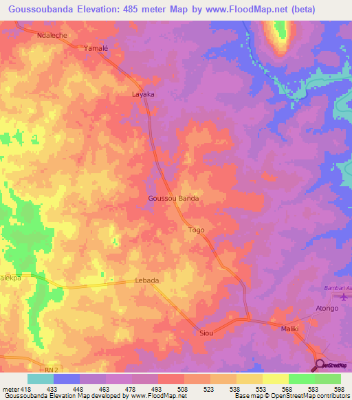 Goussoubanda,Central African Republic Elevation Map