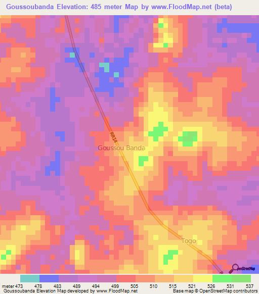 Goussoubanda,Central African Republic Elevation Map