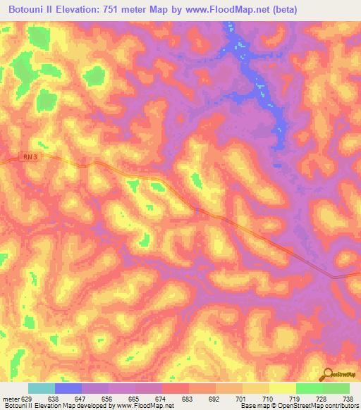 Botouni II,Central African Republic Elevation Map