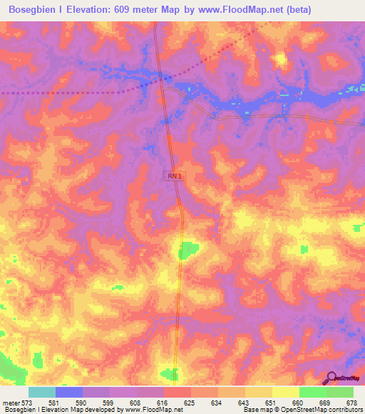 Bosegbien I,Central African Republic Elevation Map