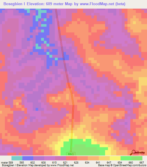 Bosegbien I,Central African Republic Elevation Map