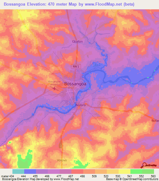 Bossangoa,Central African Republic Elevation Map