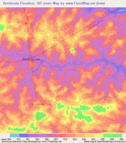 Bomboula,Central African Republic Elevation Map