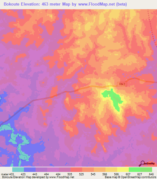 Bokoute,Central African Republic Elevation Map