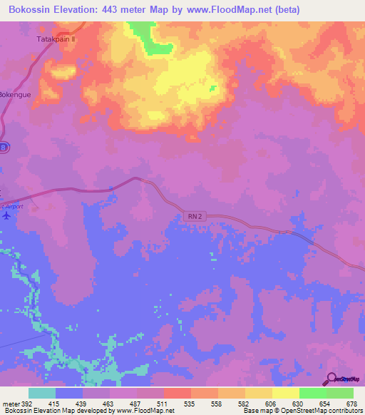 Bokossin,Central African Republic Elevation Map