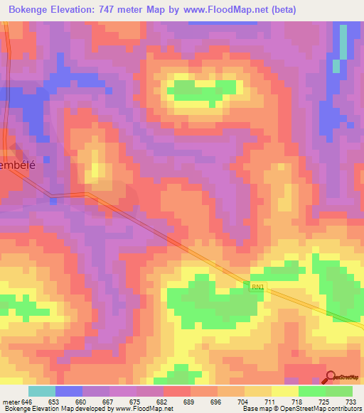 Bokenge,Central African Republic Elevation Map