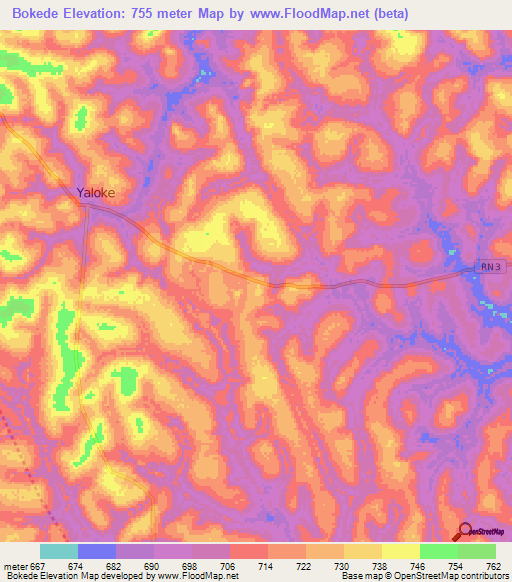 Bokede,Central African Republic Elevation Map