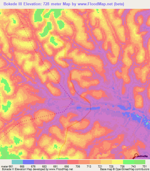 Bokede III,Central African Republic Elevation Map
