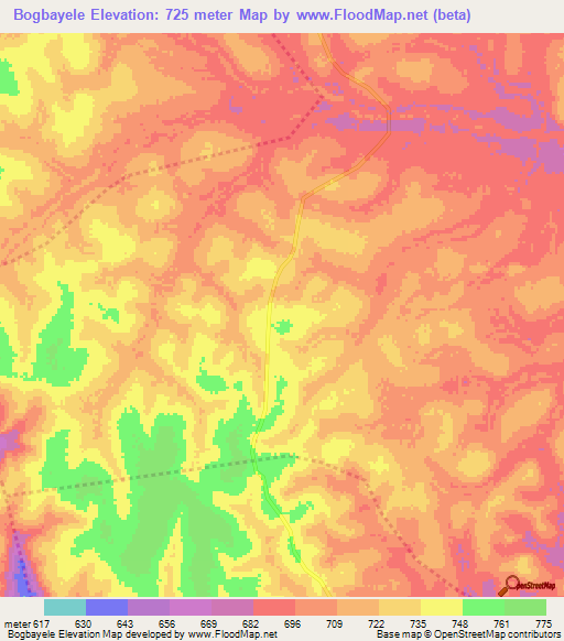 Bogbayele,Central African Republic Elevation Map