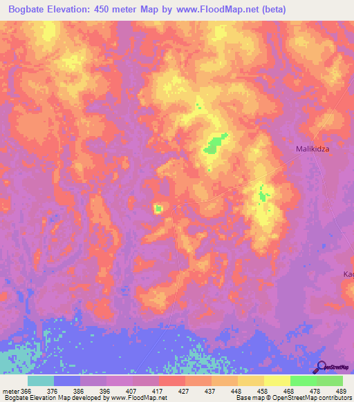 Bogbate,Central African Republic Elevation Map