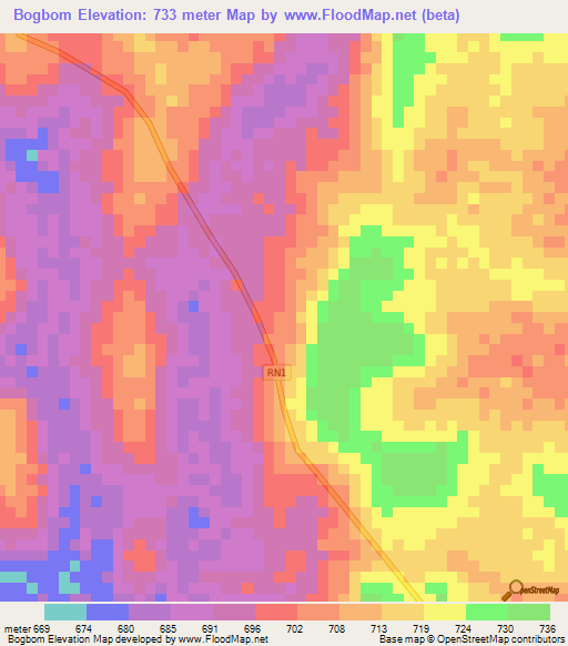 Bogbom,Central African Republic Elevation Map