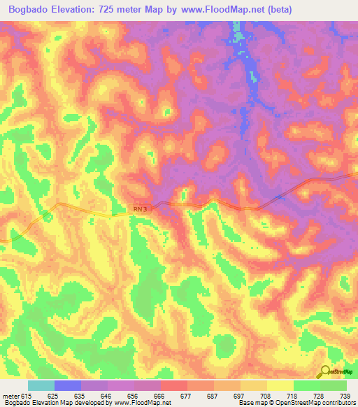 Bogbado,Central African Republic Elevation Map