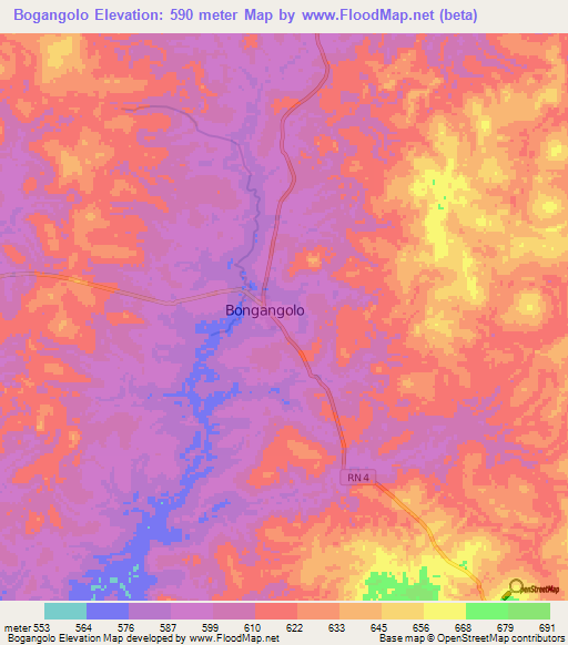 Bogangolo,Central African Republic Elevation Map